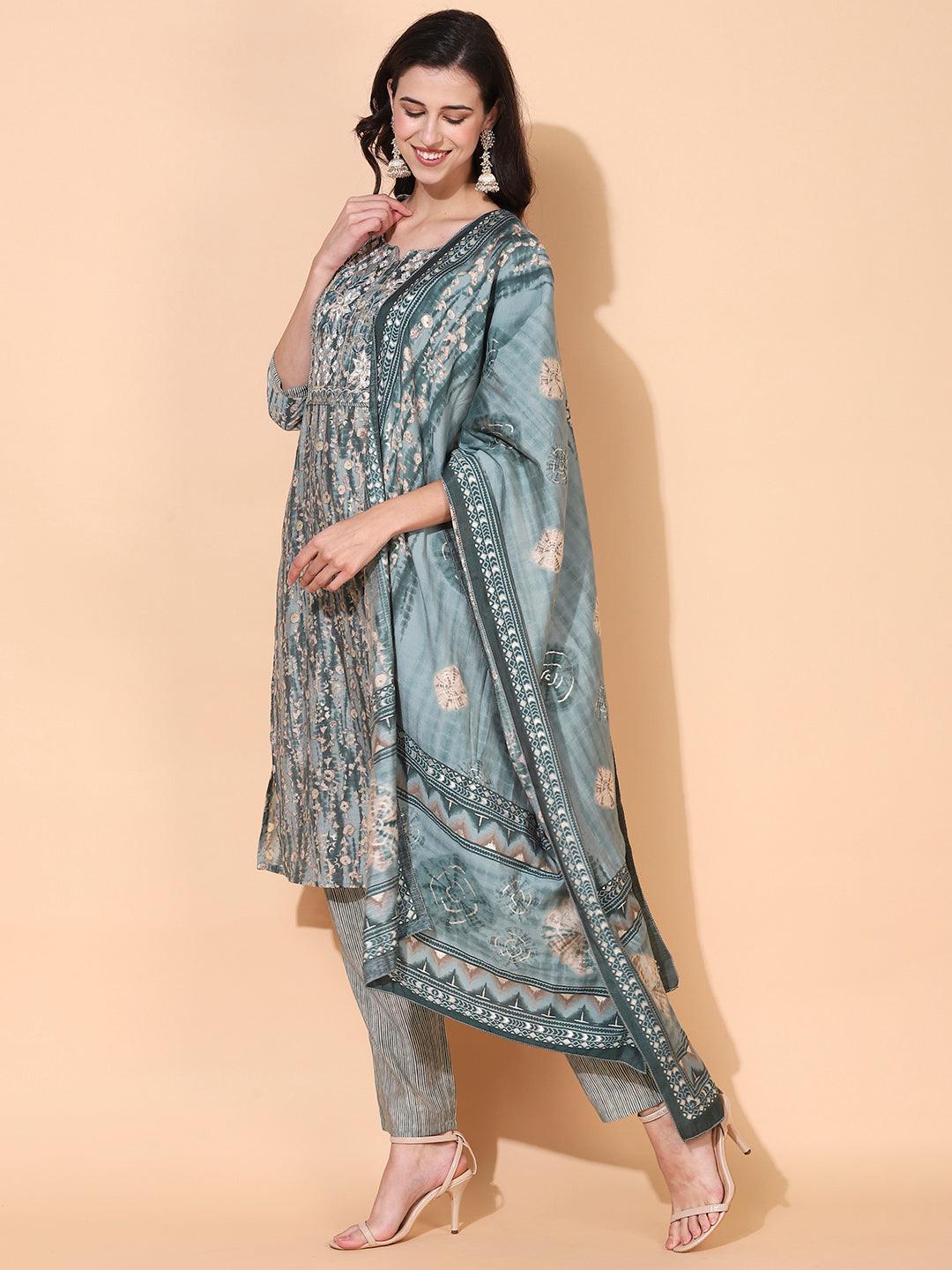 Ethnic Printed & Embroidered Straight Kurta with Pant & Dupatta - Sage Green - Indiakreations