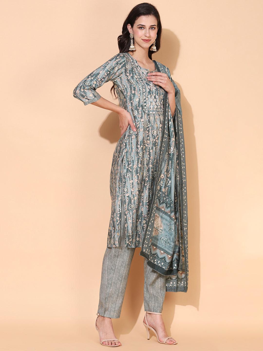 Ethnic Printed & Embroidered Straight Kurta with Pant & Dupatta - Sage Green - Indiakreations