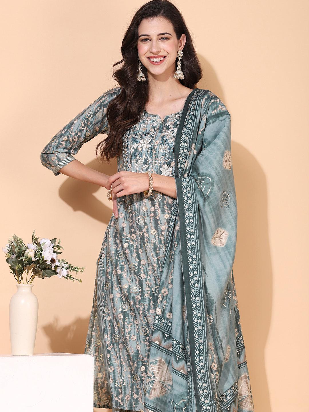 Ethnic Printed & Embroidered Straight Kurta with Pant & Dupatta - Sage Green - Indiakreations