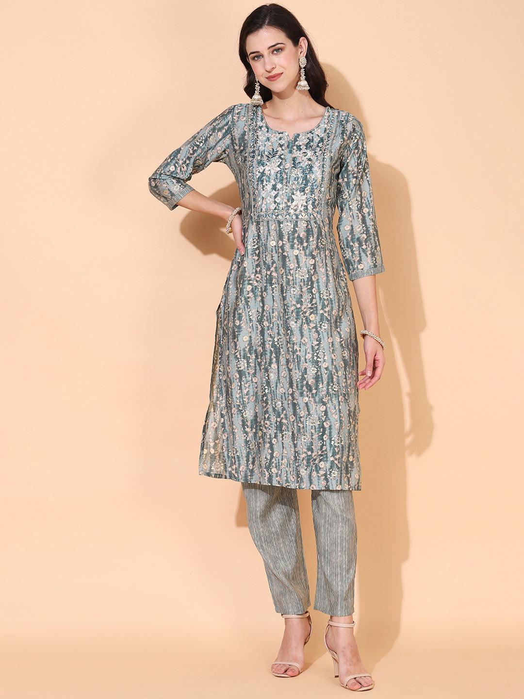 Ethnic Printed & Embroidered Straight Kurta with Pant & Dupatta - Sage Green - Indiakreations