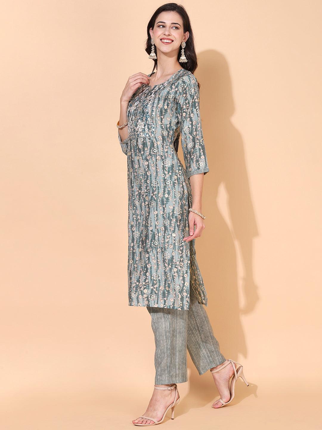 Ethnic Printed & Embroidered Straight Kurta with Pant & Dupatta - Sage Green - Indiakreations