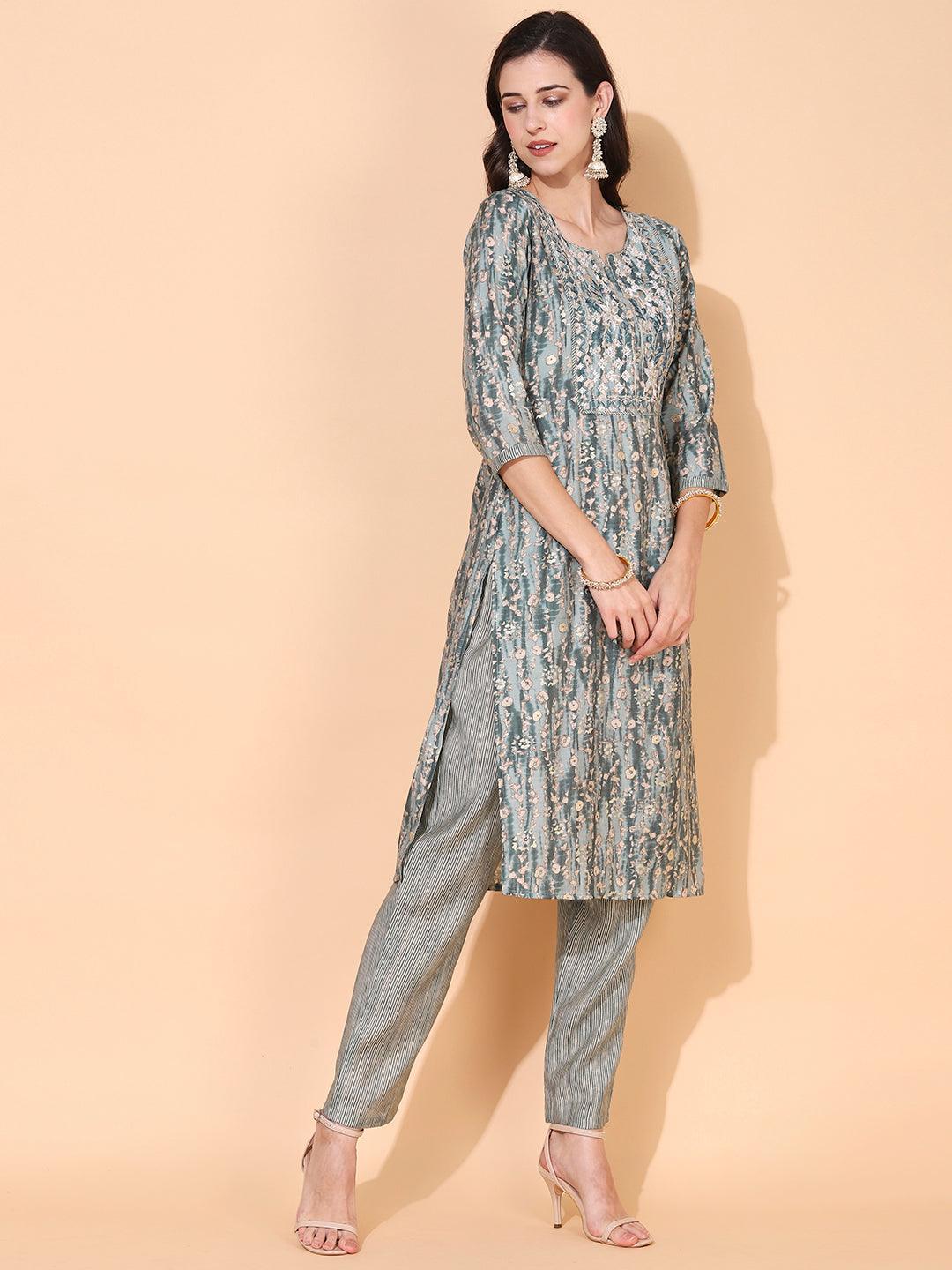 Ethnic Printed & Embroidered Straight Kurta with Pant & Dupatta - Sage Green - Indiakreations