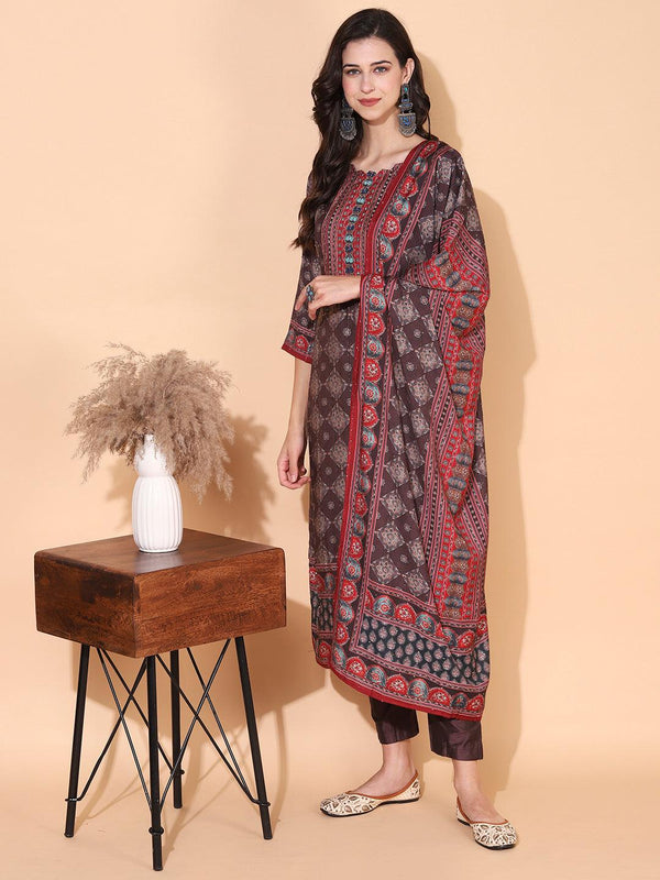 Ethnic Printed & Hand Embroidered Kurta with Pant & Dupatta - Dark Brown - Indiakreations