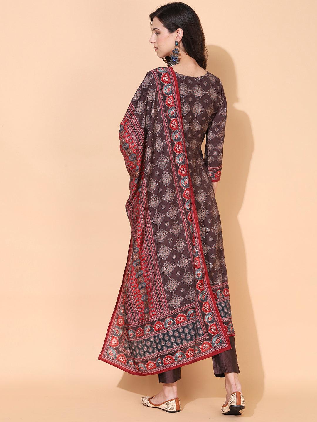 Ethnic Printed & Hand Embroidered Kurta with Pant & Dupatta - Dark Brown - Indiakreations