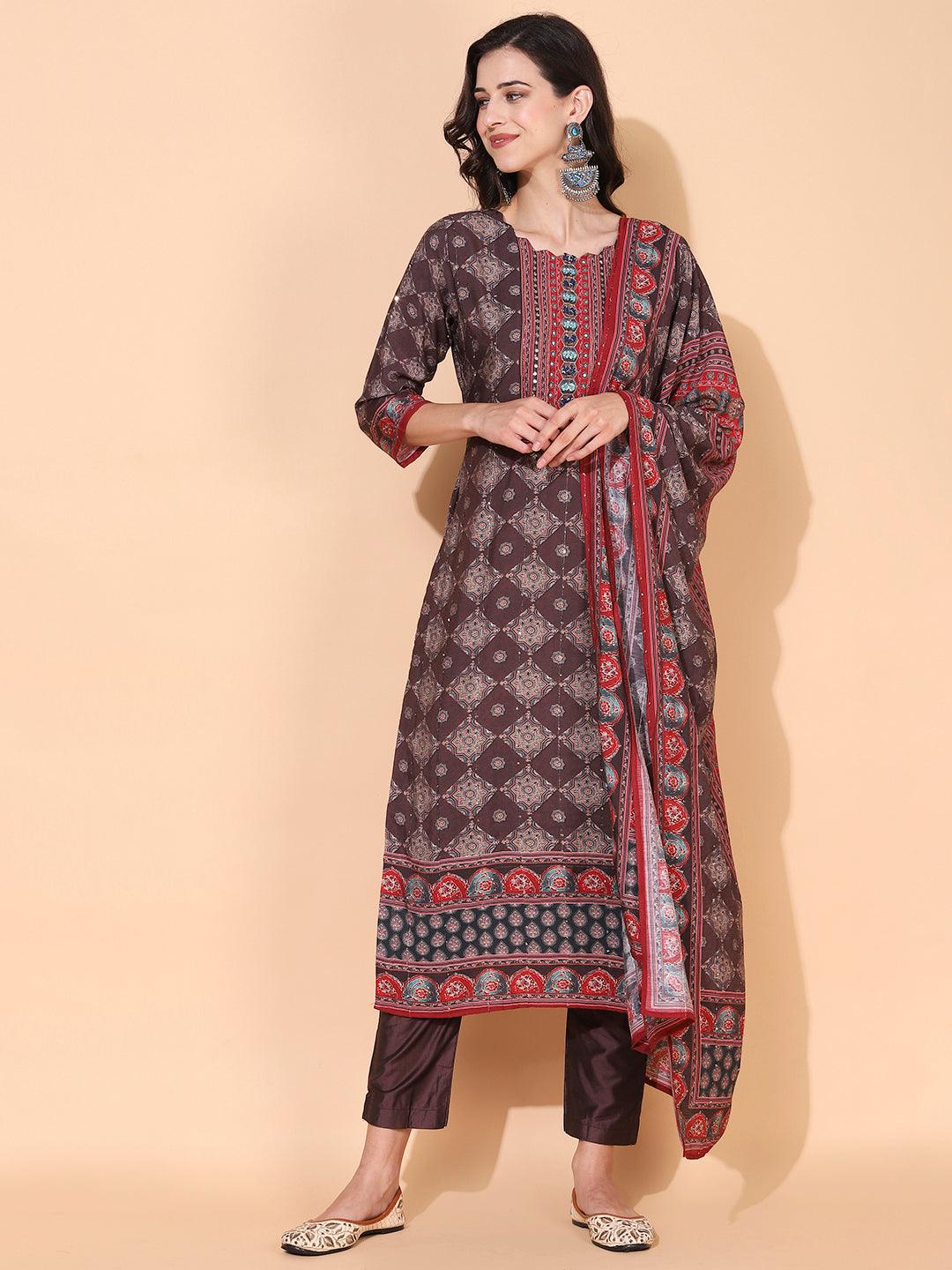 Ethnic Printed & Hand Embroidered Kurta with Pant & Dupatta - Dark Brown - Indiakreations