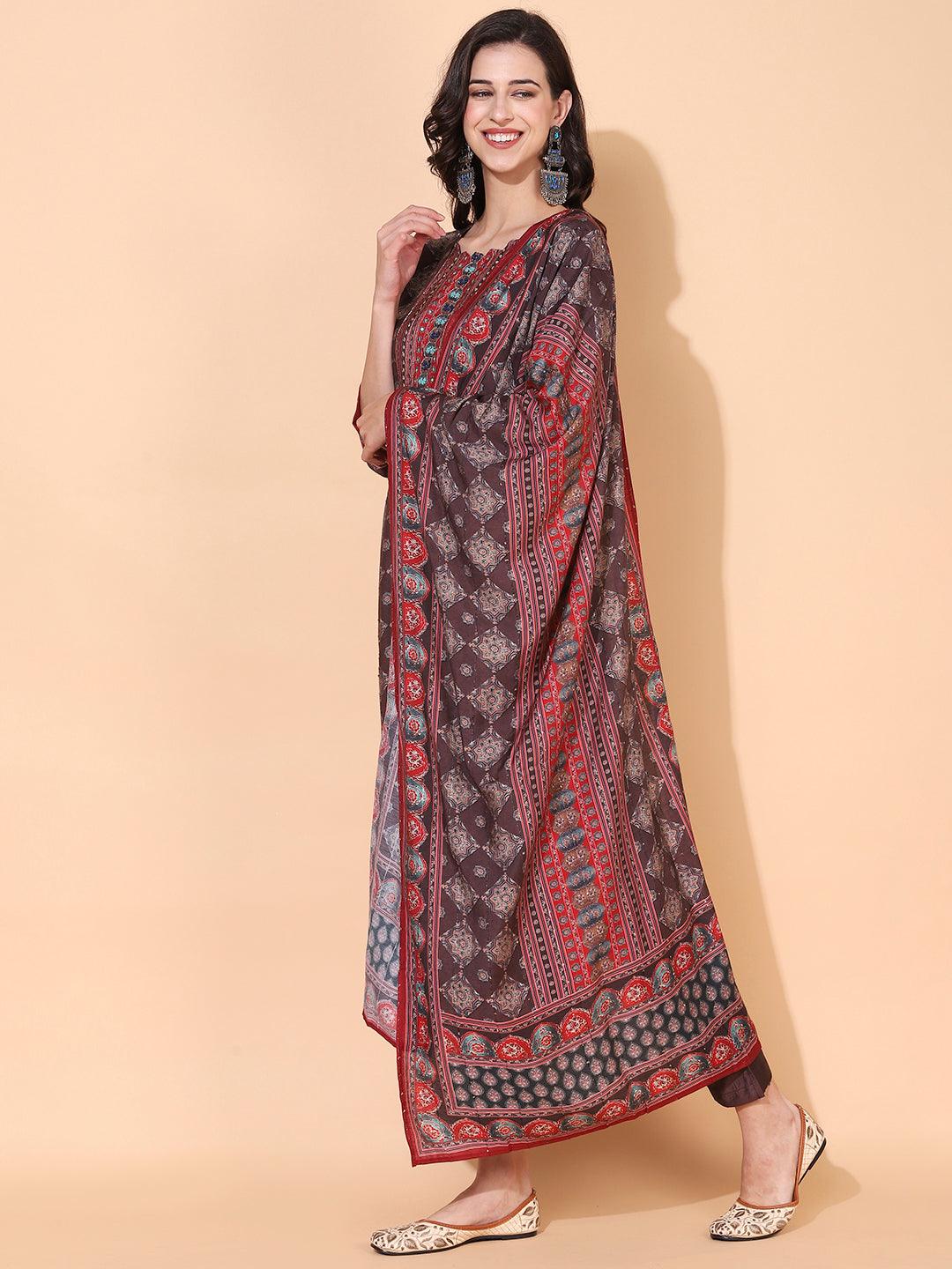 Ethnic Printed & Hand Embroidered Kurta with Pant & Dupatta - Dark Brown - Indiakreations