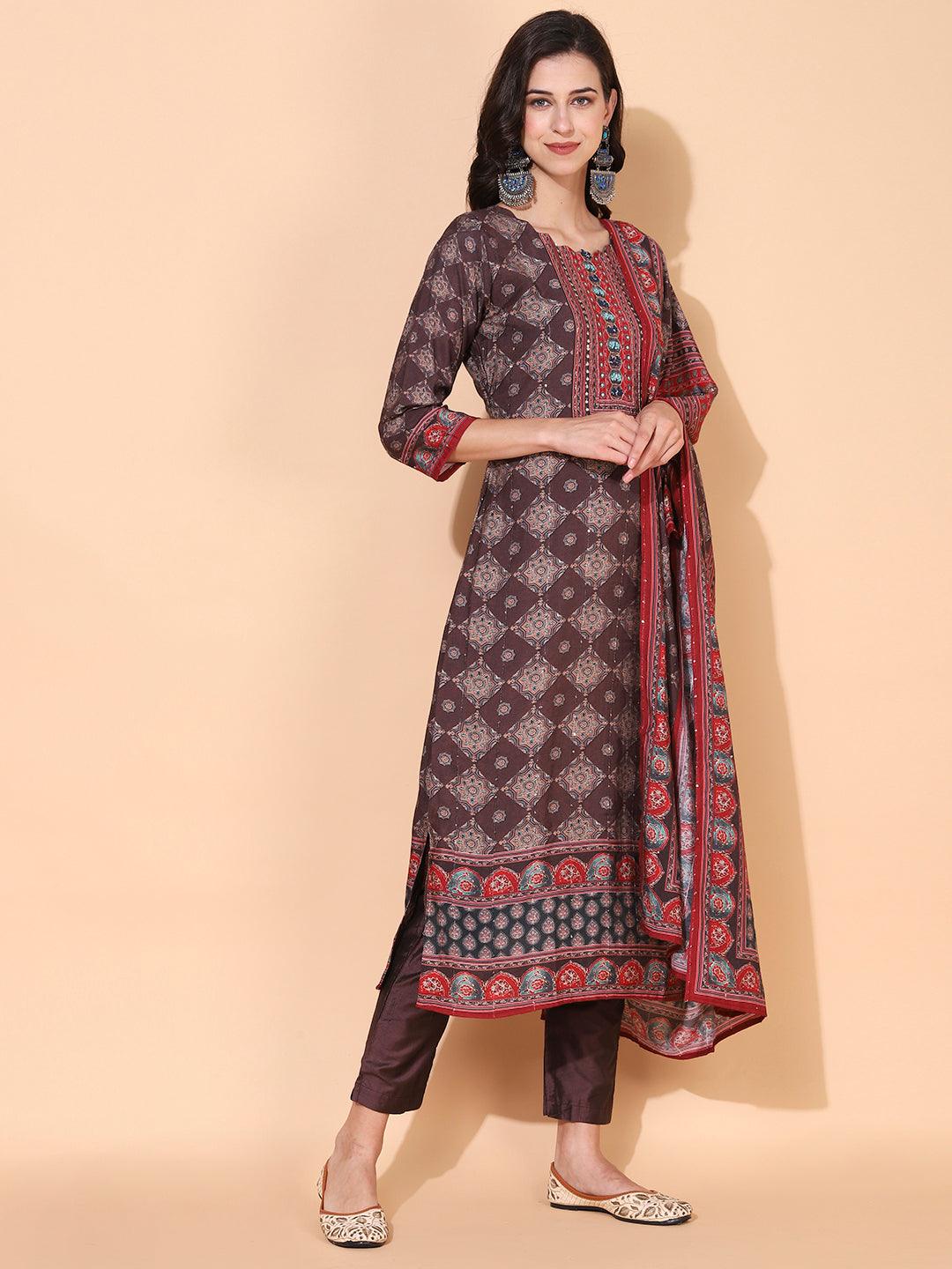 Ethnic Printed & Hand Embroidered Kurta with Pant & Dupatta - Dark Brown - Indiakreations