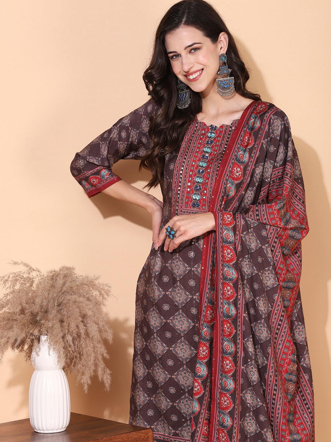 Ethnic Printed & Hand Embroidered Kurta with Pant & Dupatta - Dark Brown - Indiakreations