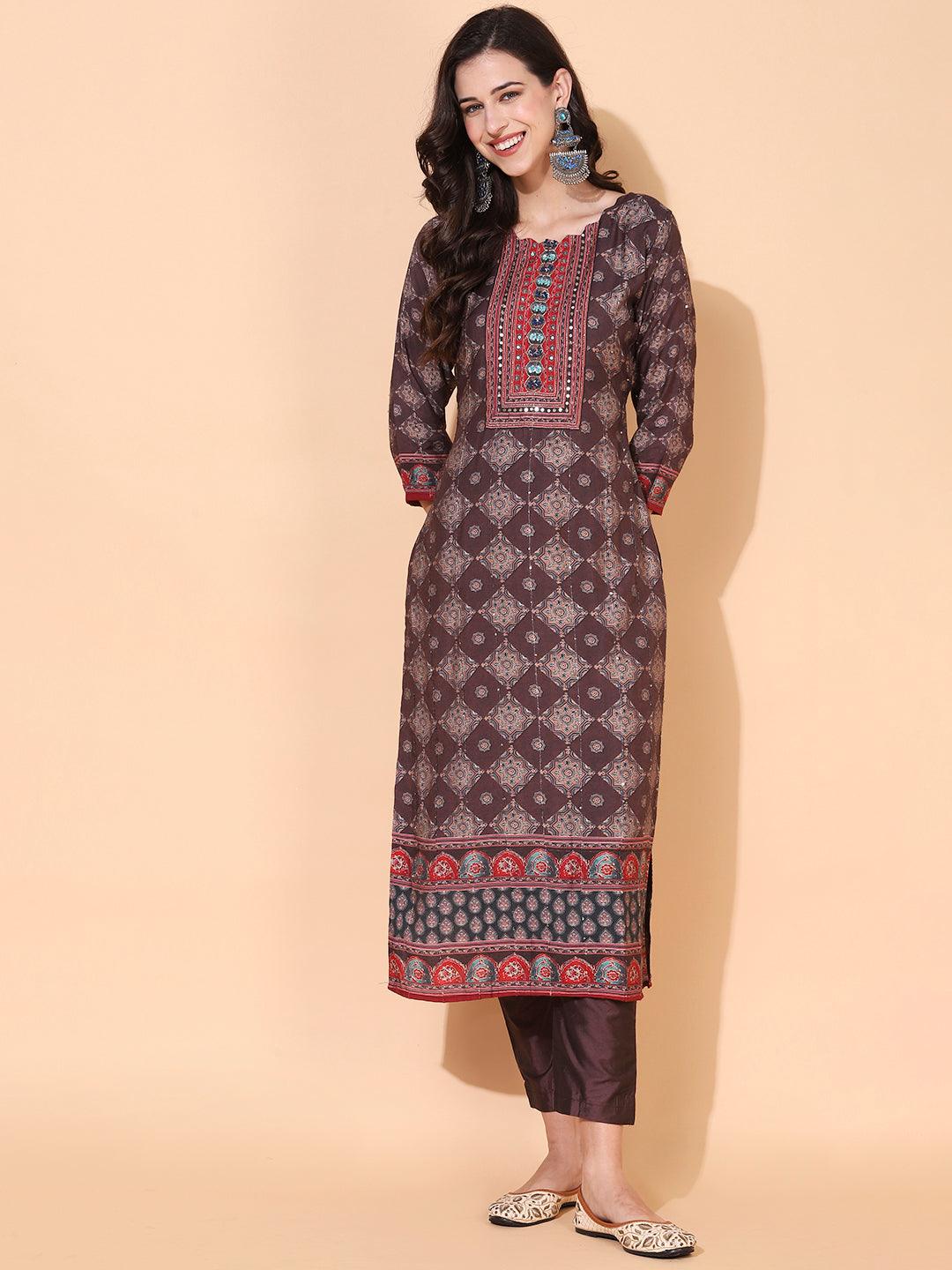 Ethnic Printed & Hand Embroidered Kurta with Pant & Dupatta - Dark Brown - Indiakreations