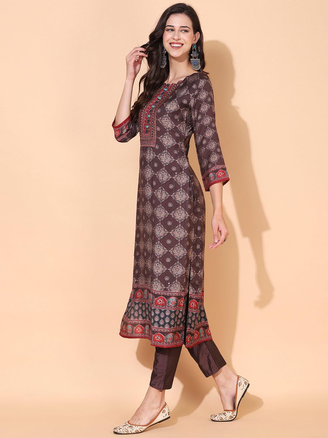 Ethnic Printed & Hand Embroidered Kurta with Pant & Dupatta - Dark Brown - Indiakreations