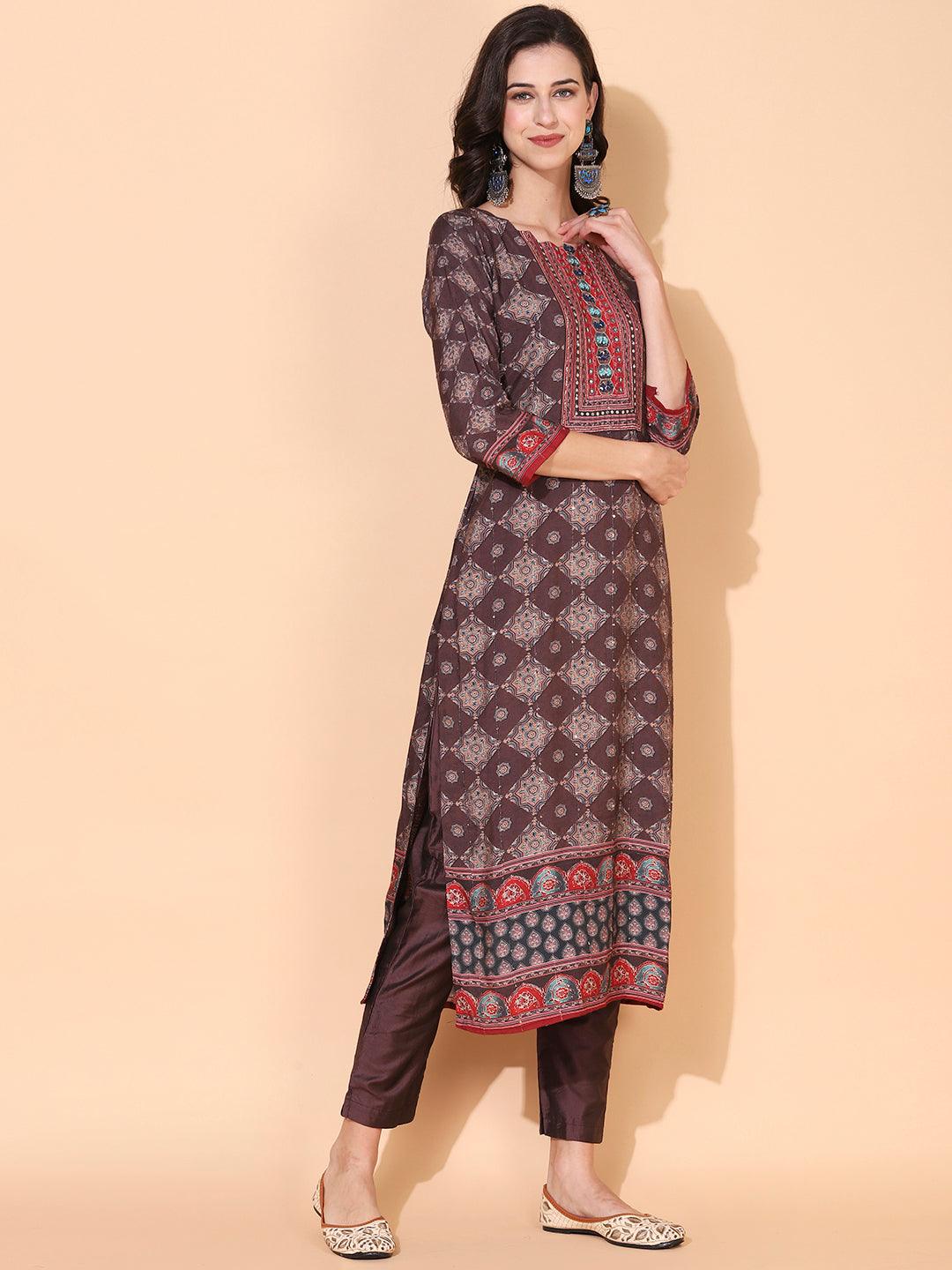 Ethnic Printed & Hand Embroidered Kurta with Pant & Dupatta - Dark Brown - Indiakreations