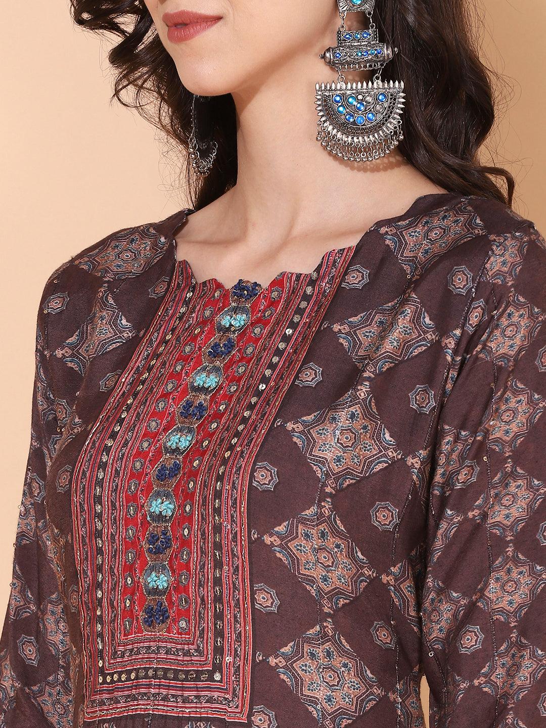 Ethnic Printed & Hand Embroidered Kurta with Pant & Dupatta - Dark Brown - Indiakreations