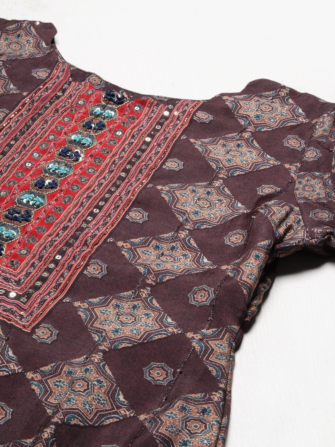 Ethnic Printed & Hand Embroidered Kurta with Pant & Dupatta - Dark Brown - Indiakreations