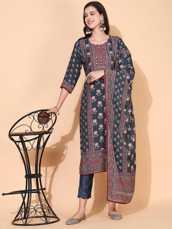 Ethnic Printed & Hand Embroidered Kurta with Pant & Dupatta - Livid Blue - Indiakreations