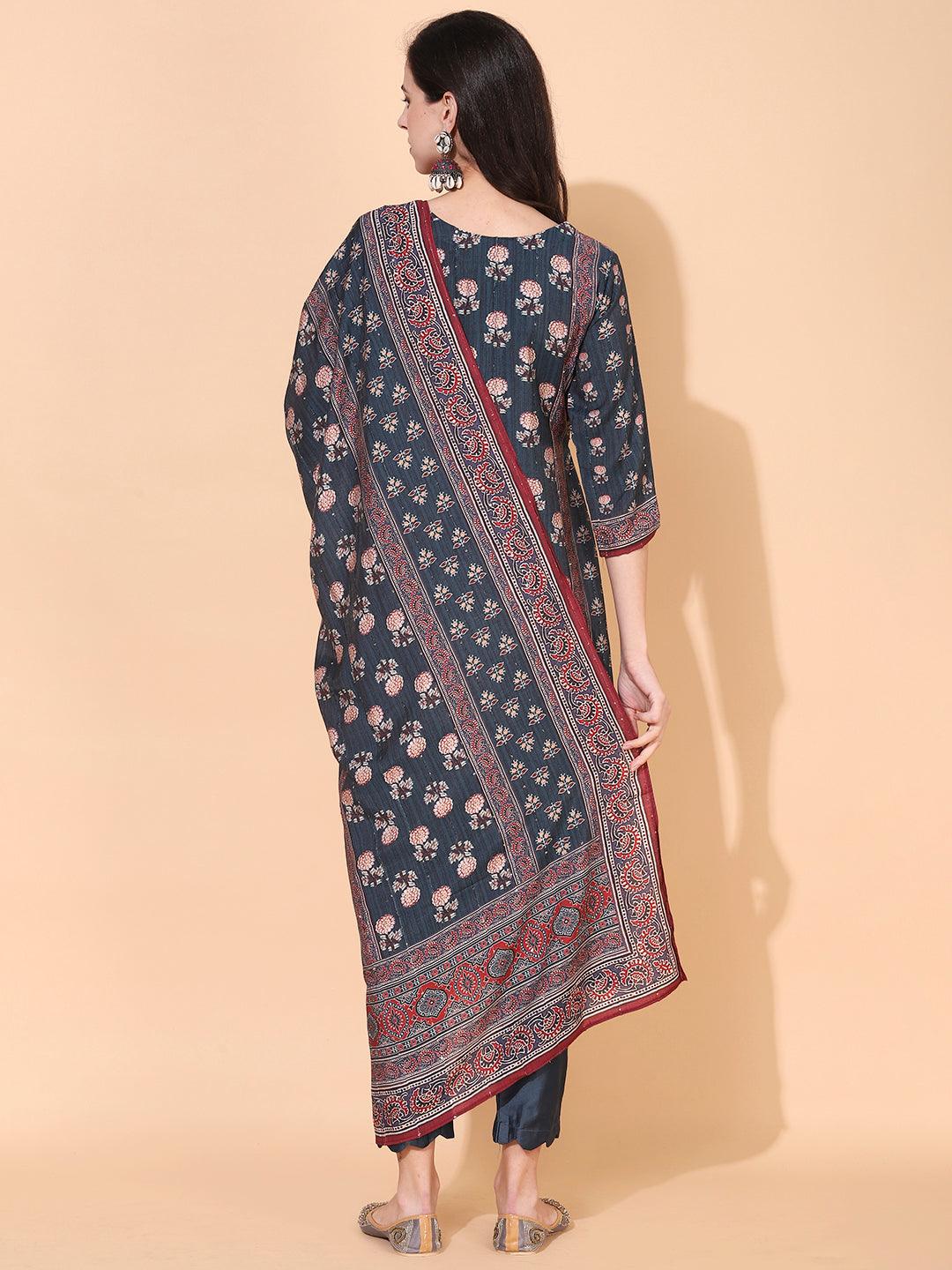 Ethnic Printed & Hand Embroidered Kurta with Pant & Dupatta - Livid Blue - Indiakreations