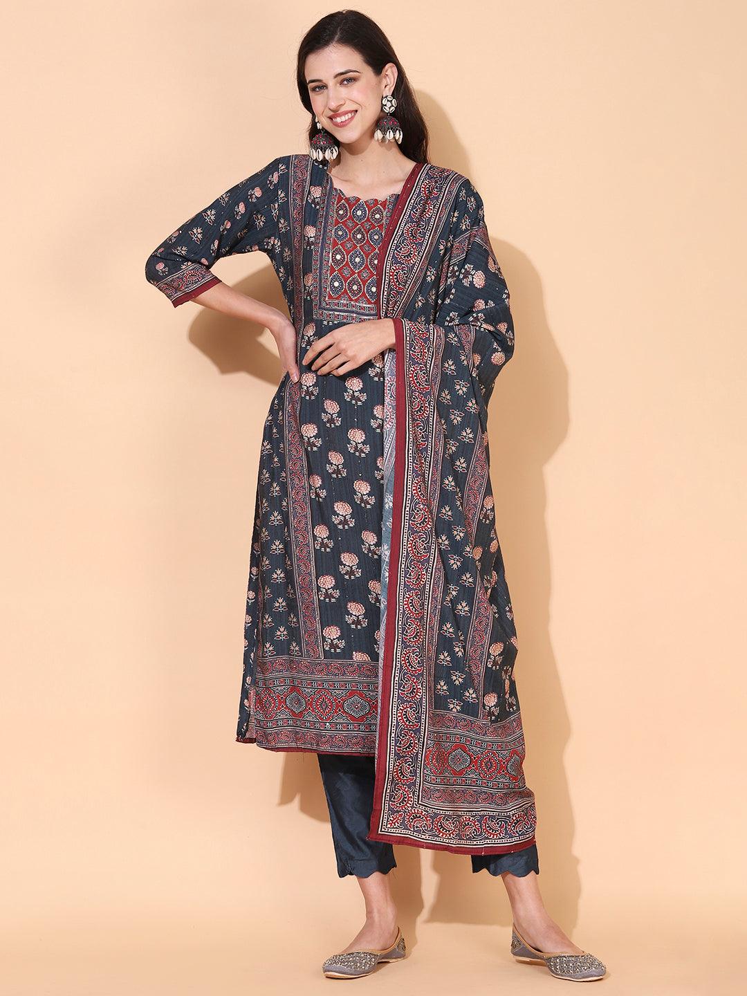 Ethnic Printed & Hand Embroidered Kurta with Pant & Dupatta - Livid Blue - Indiakreations