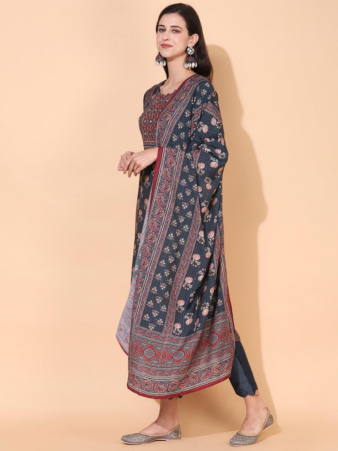 Ethnic Printed & Hand Embroidered Kurta with Pant & Dupatta - Livid Blue - Indiakreations