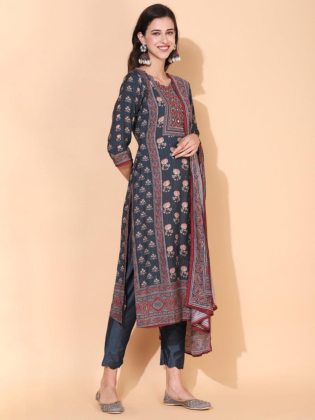 Ethnic Printed & Hand Embroidered Kurta with Pant & Dupatta - Livid Blue - Indiakreations