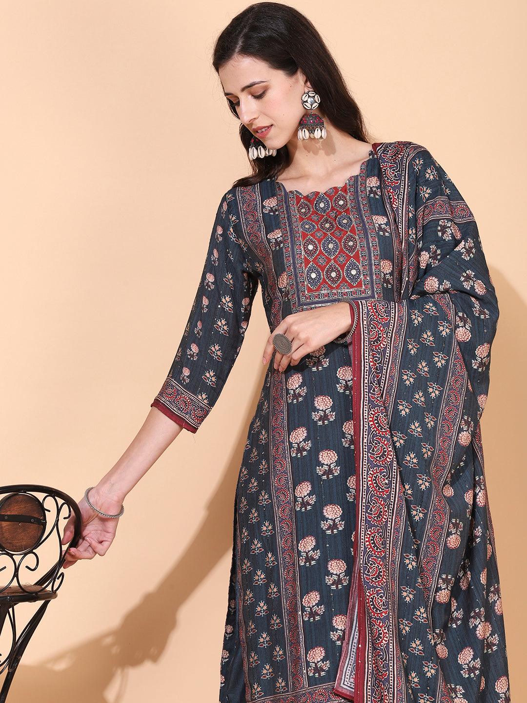 Ethnic Printed & Hand Embroidered Kurta with Pant & Dupatta - Livid Blue - Indiakreations