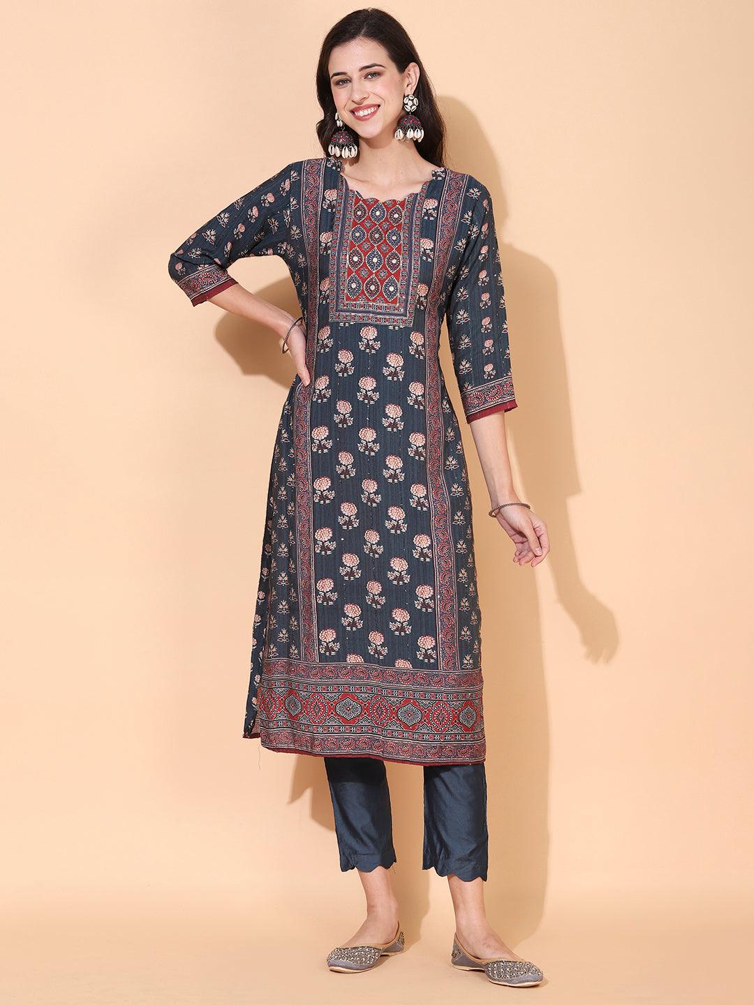 Ethnic Printed & Hand Embroidered Kurta with Pant & Dupatta - Livid Blue - Indiakreations