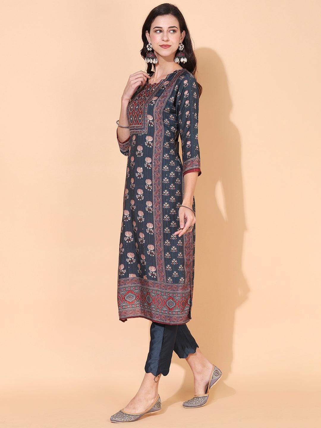 Ethnic Printed & Hand Embroidered Kurta with Pant & Dupatta - Livid Blue - Indiakreations