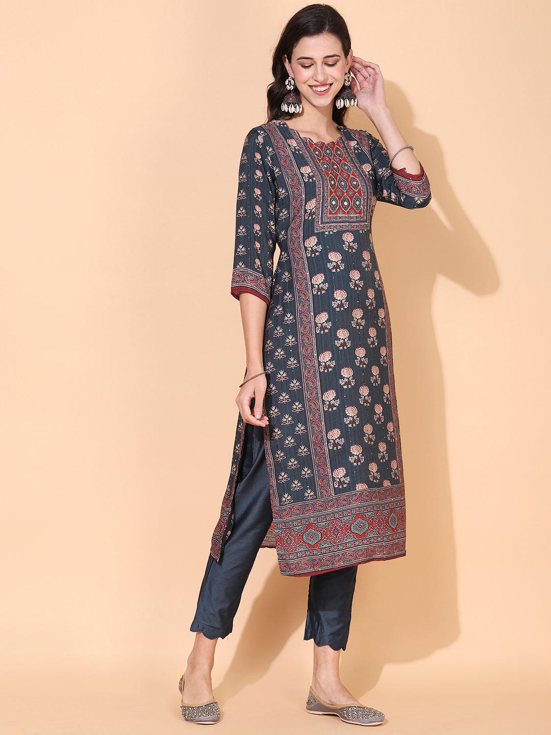 Ethnic Printed & Hand Embroidered Kurta with Pant & Dupatta - Livid Blue - Indiakreations