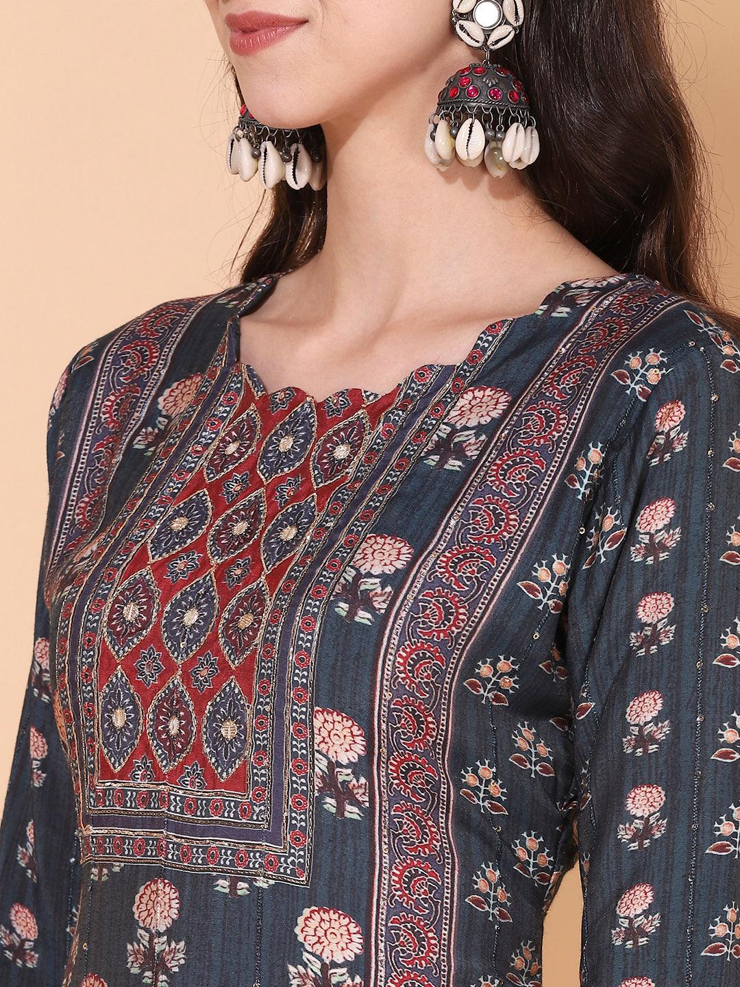 Ethnic Printed & Hand Embroidered Kurta with Pant & Dupatta - Livid Blue - Indiakreations