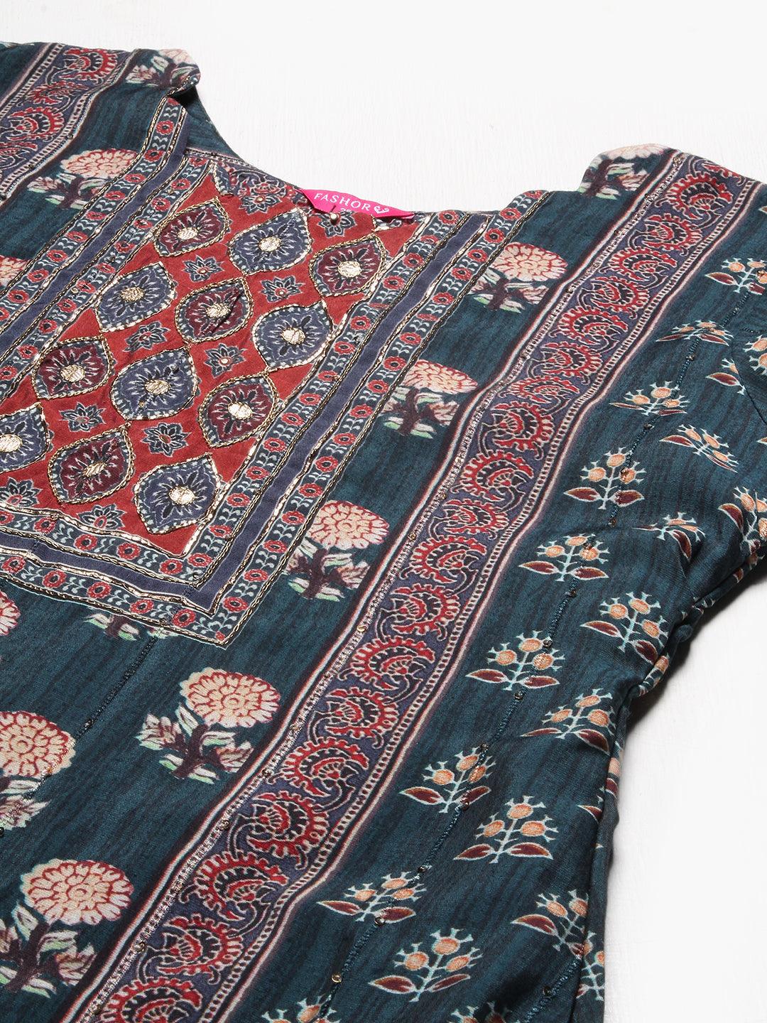 Ethnic Printed & Hand Embroidered Kurta with Pant & Dupatta - Livid Blue - Indiakreations