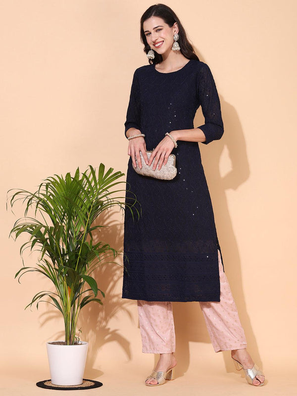 Ethnic Chikankari Embroidered Straight Fit Kurta – Deep Ink Blue - Indiakreations