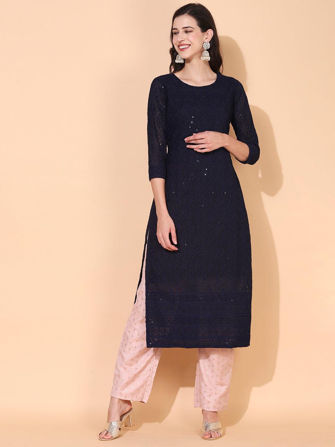 Ethnic Chikankari Embroidered Straight Fit Kurta – Deep Ink Blue - Indiakreations