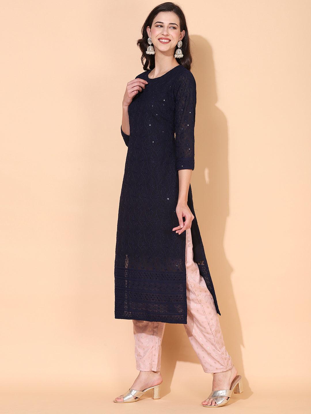 Ethnic Chikankari Embroidered Straight Fit Kurta – Deep Ink Blue - Indiakreations