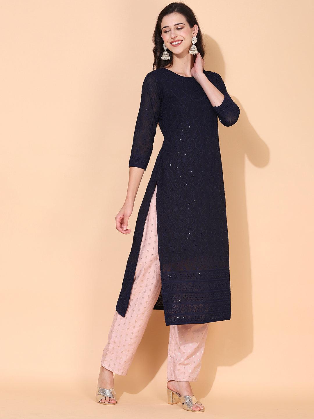 Ethnic Chikankari Embroidered Straight Fit Kurta – Deep Ink Blue - Indiakreations