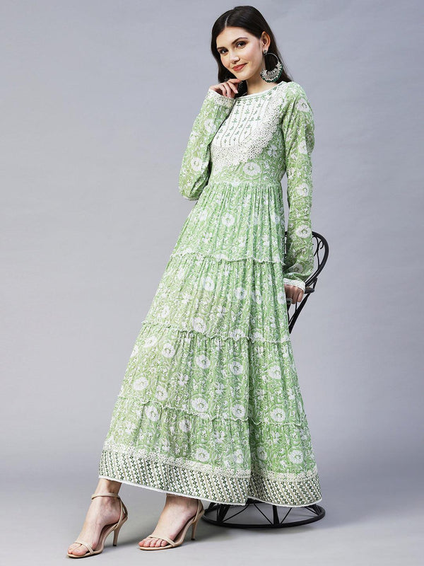 Floral Printed & Embroidered Tiered Flared Maxi Dress - Pastel Green - Indiakreations