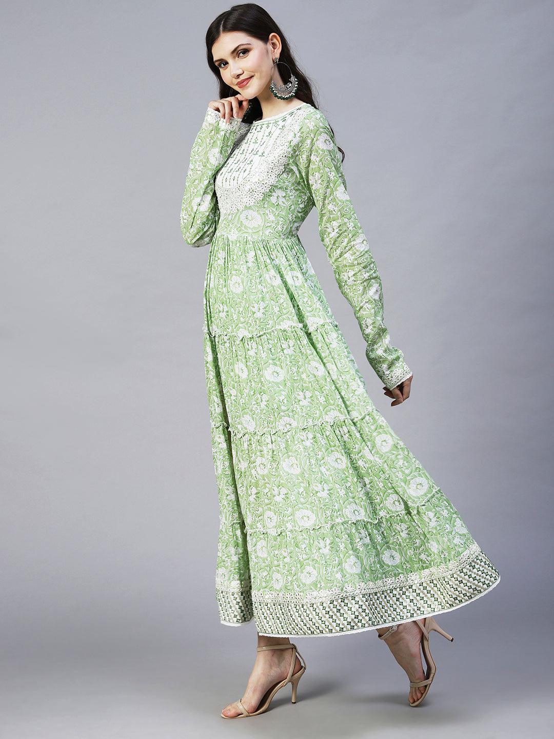 Floral Printed & Embroidered Tiered Flared Maxi Dress - Pastel Green - Indiakreations