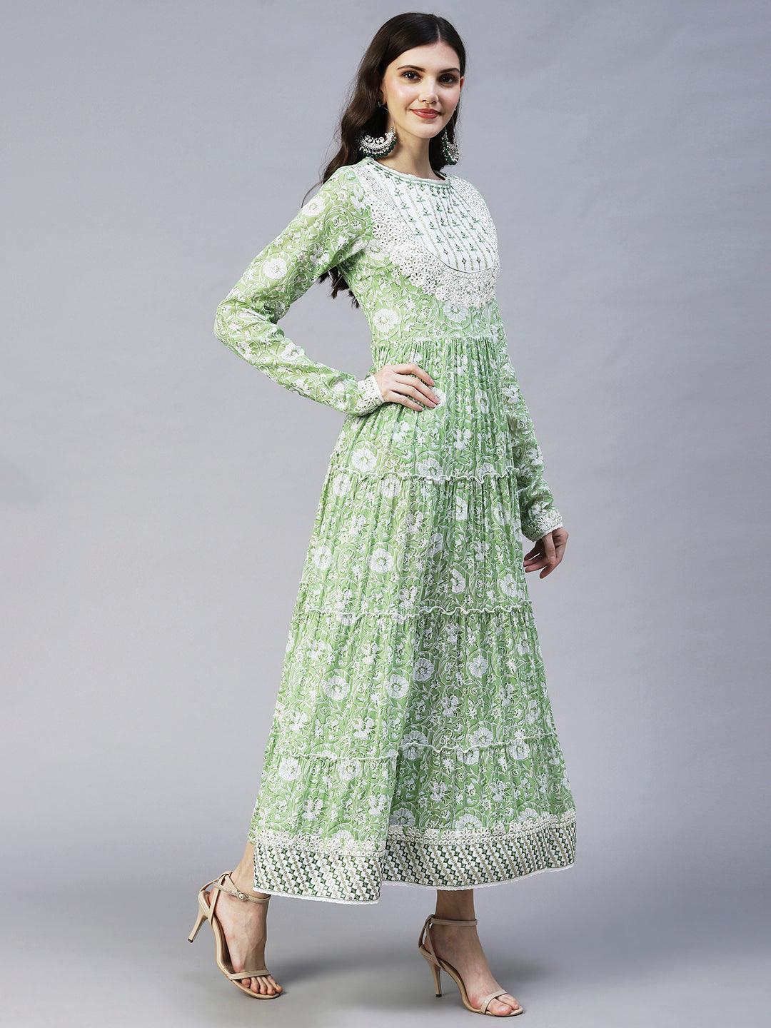 Floral Printed & Embroidered Tiered Flared Maxi Dress - Pastel Green - Indiakreations