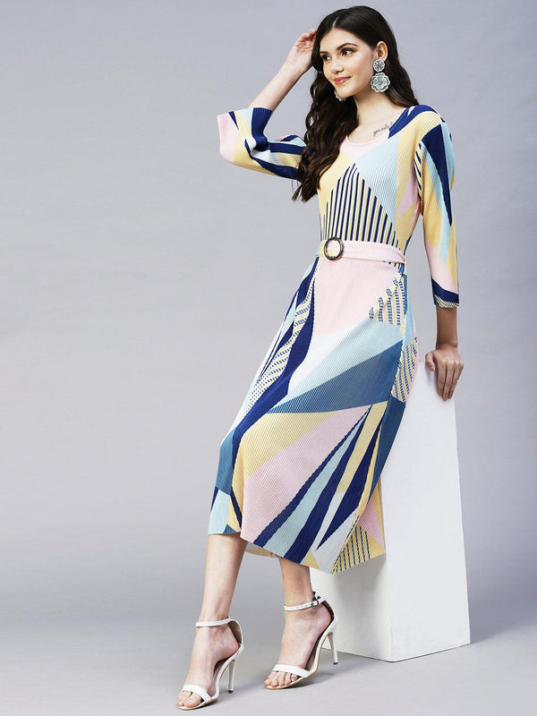 Geometric Abstract Printed A-Line Midi Dress - Multi - Indiakreations