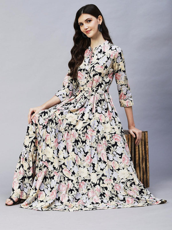 Floral Printed Tiered Flared Maxi Dress - Black - Indiakreations