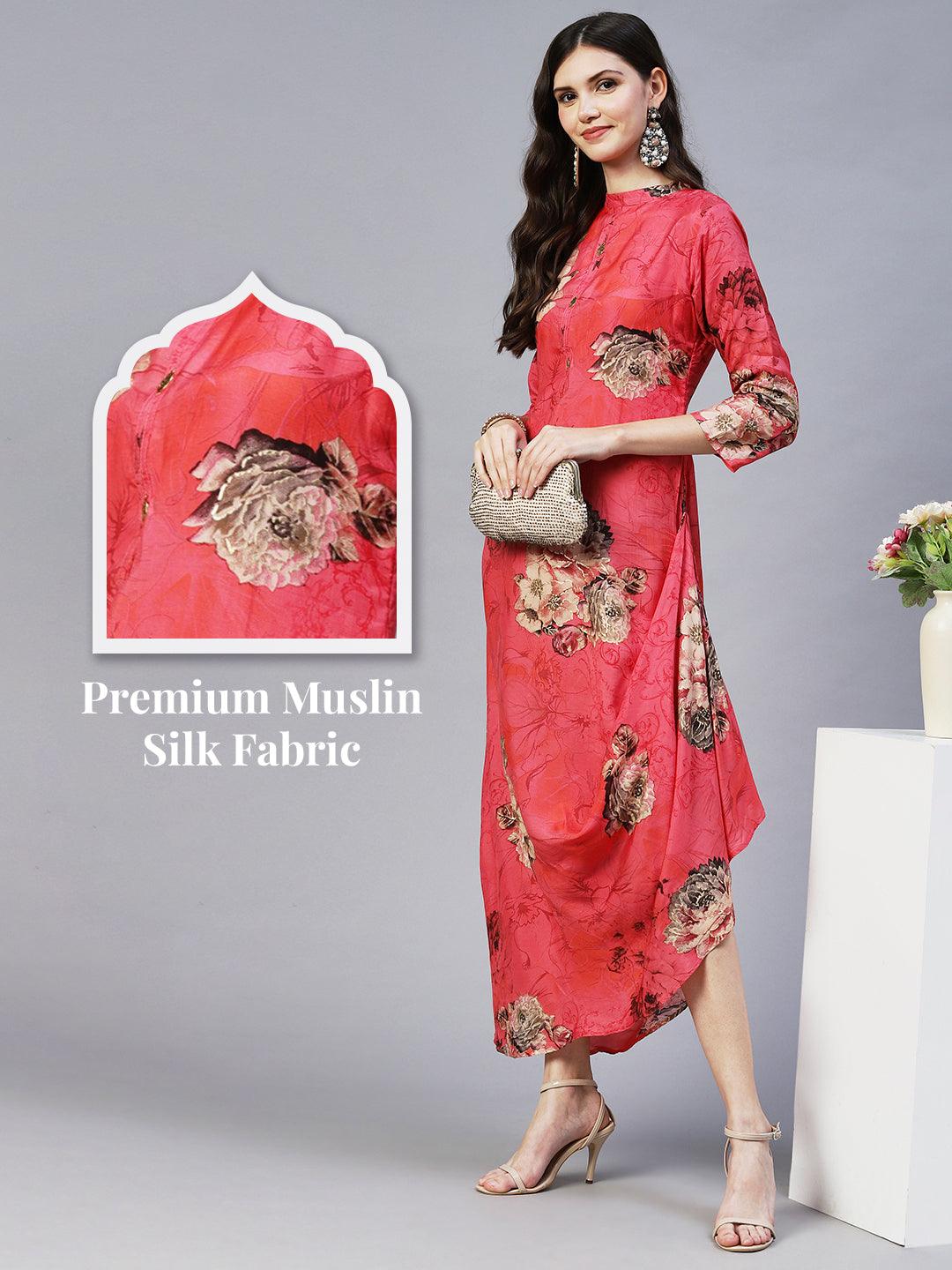 Floral Printed A- Line Cowl Maxi Dress - Pink - Indiakreations