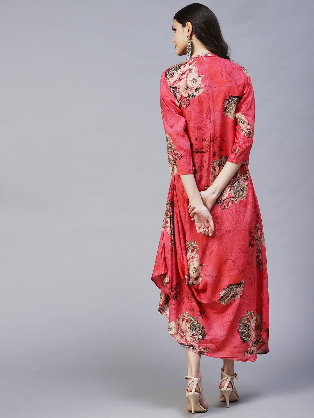 Floral Printed A- Line Cowl Maxi Dress - Pink - Indiakreations