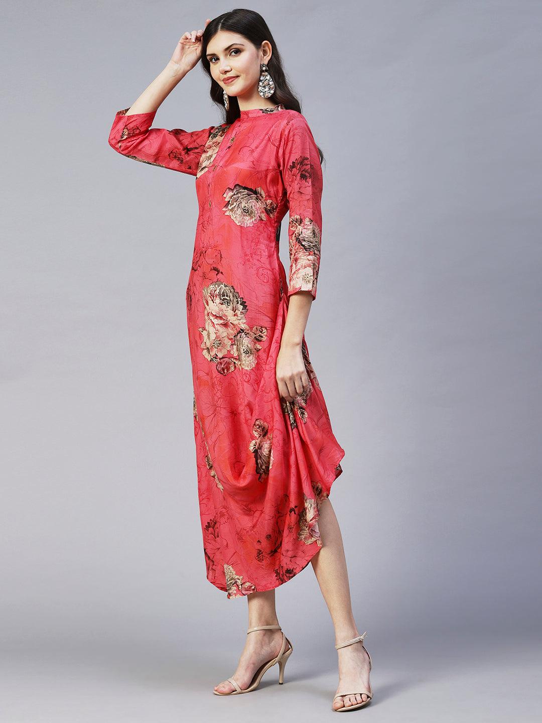 Floral Printed A- Line Cowl Maxi Dress - Pink - Indiakreations