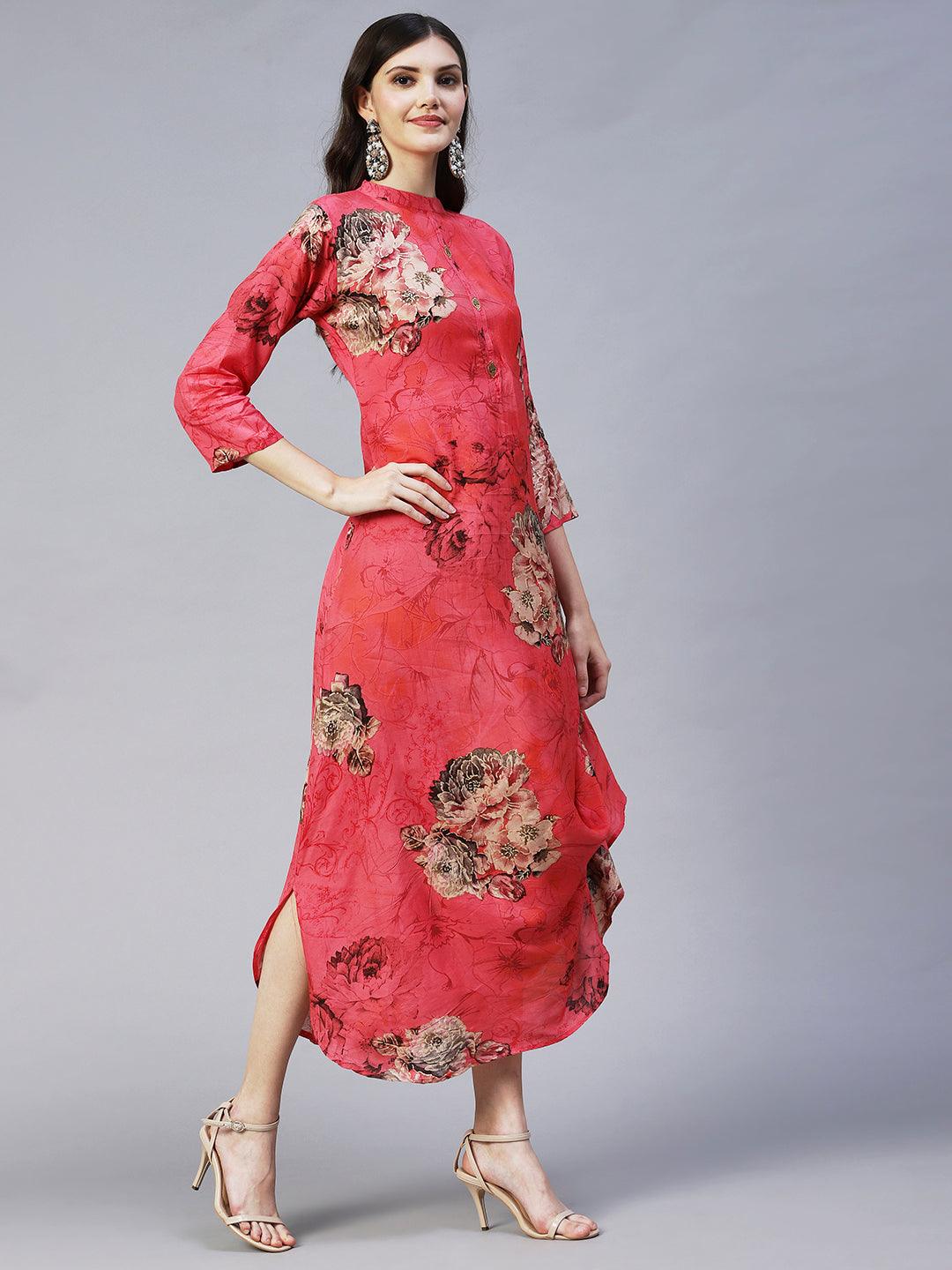 Floral Printed A- Line Cowl Maxi Dress - Pink - Indiakreations