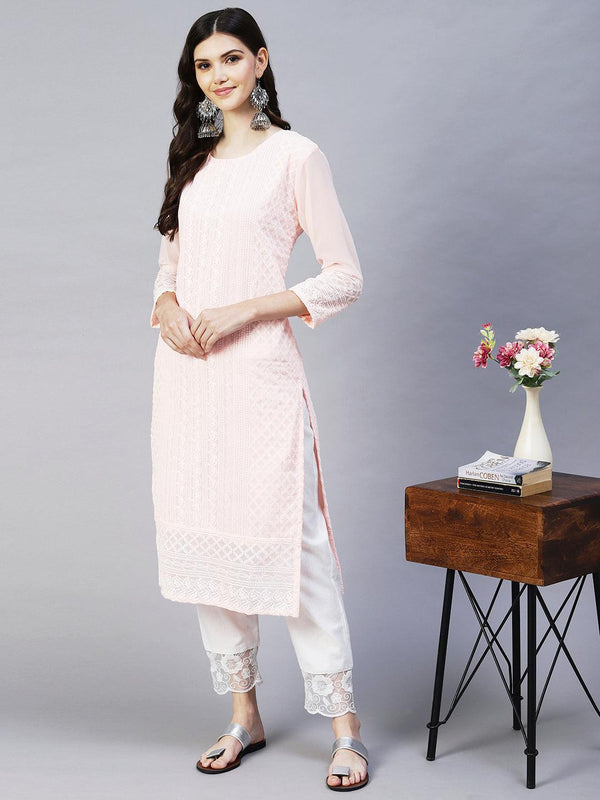 Chikankari Embroidered Straight Fit Kurta - Peach - Indiakreations