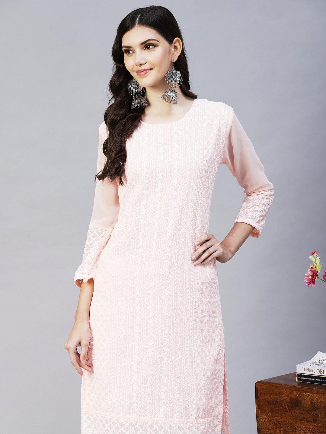 Chikankari Embroidered Straight Fit Kurta - Peach - Indiakreations