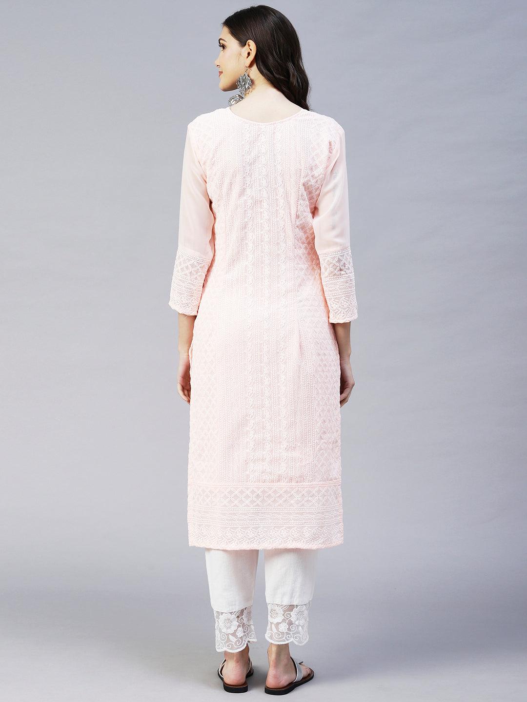 Chikankari Embroidered Straight Fit Kurta - Peach - Indiakreations