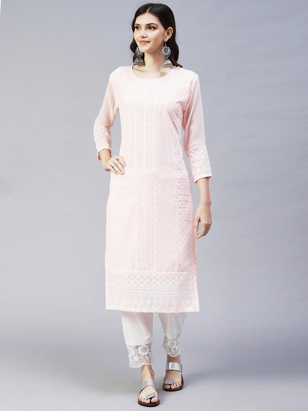 Chikankari Embroidered Straight Fit Kurta - Peach - Indiakreations