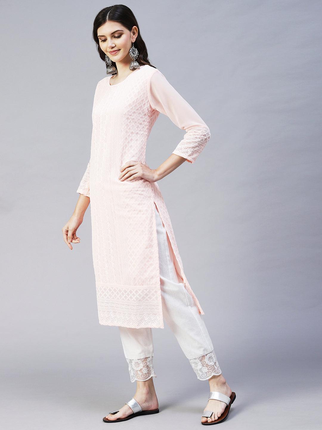 Chikankari Embroidered Straight Fit Kurta - Peach - Indiakreations