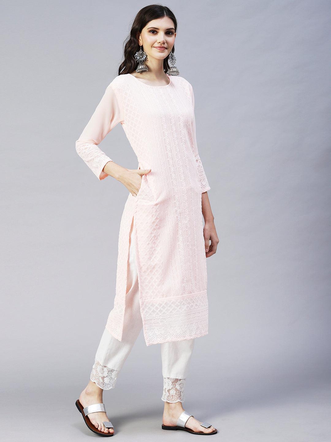 Chikankari Embroidered Straight Fit Kurta - Peach - Indiakreations