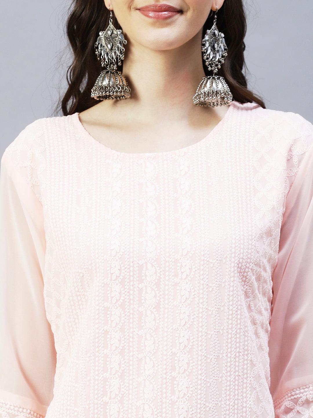 Chikankari Embroidered Straight Fit Kurta - Peach - Indiakreations