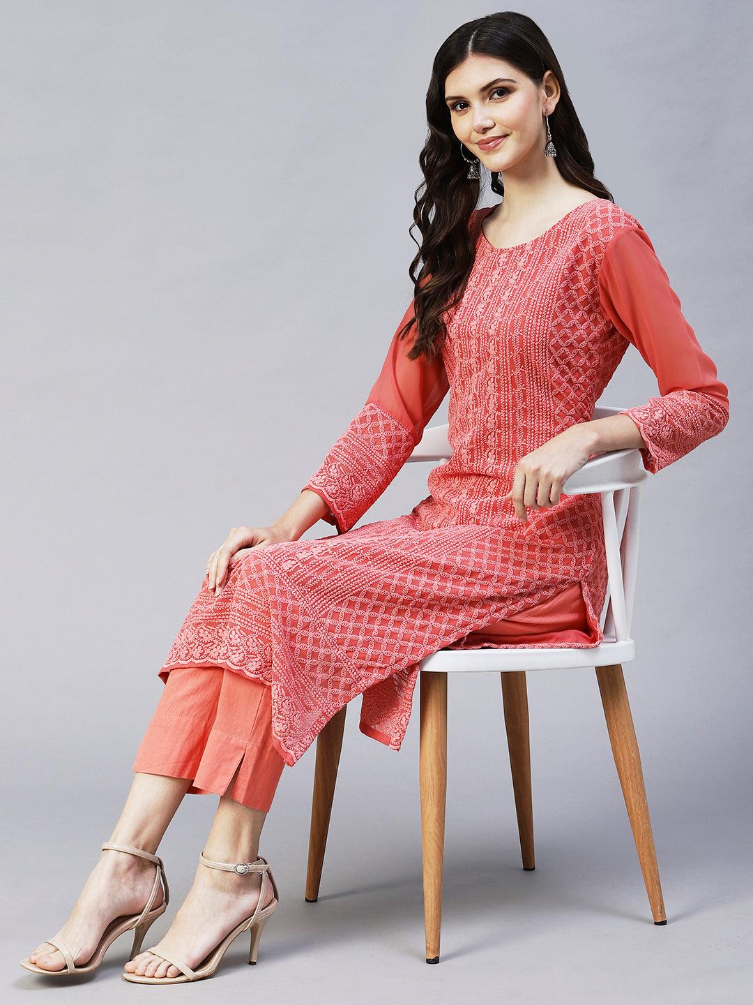 Chikankari Embroidered Straight Fit Kurta - Coral Pink - Indiakreations