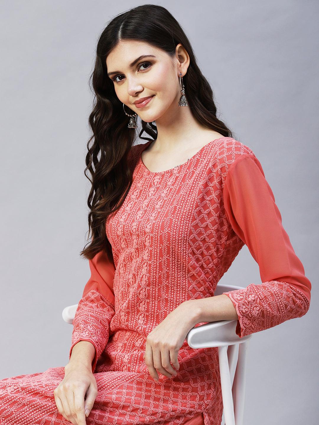 Chikankari Embroidered Straight Fit Kurta - Coral Pink - Indiakreations